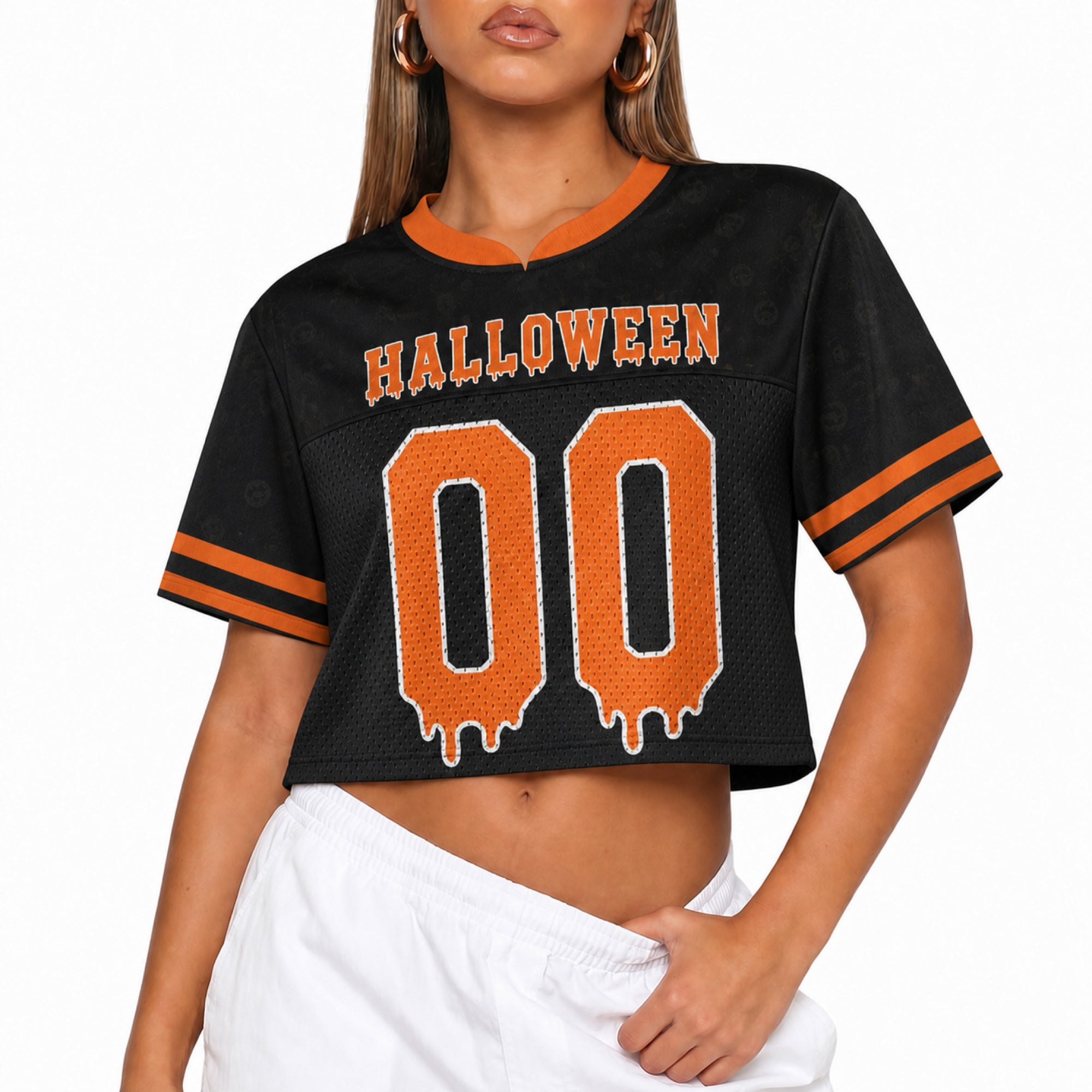 Custom Halloween Women's Crop Football Jersey Orange Drip - Design Your Own