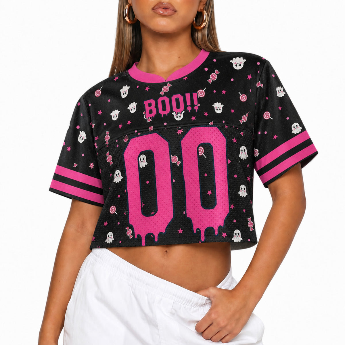 Custom Halloween Women's Crop Football Jersey Pink Boo - Design Your Own