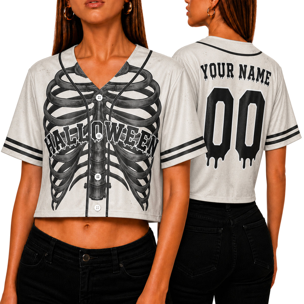 Custom Halloween Women's Crop Baseball Jersey Skeleton Ribcage - Design Your Own