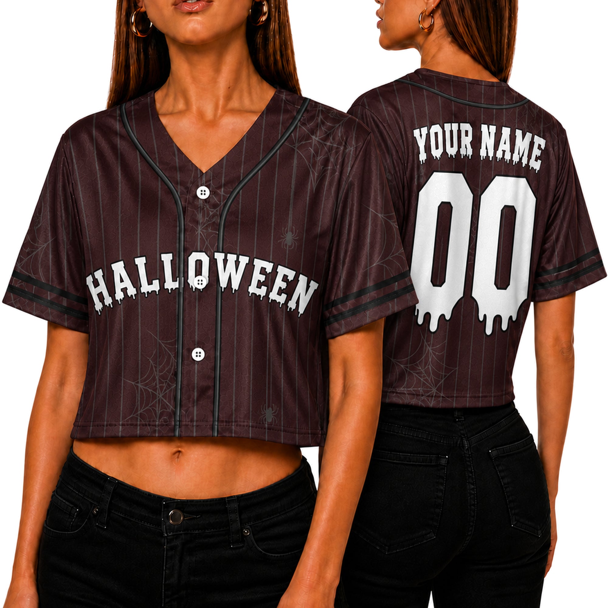 Custom Halloween Women's Crop Baseball Jersey Spider Pinstripe - Design Your Own