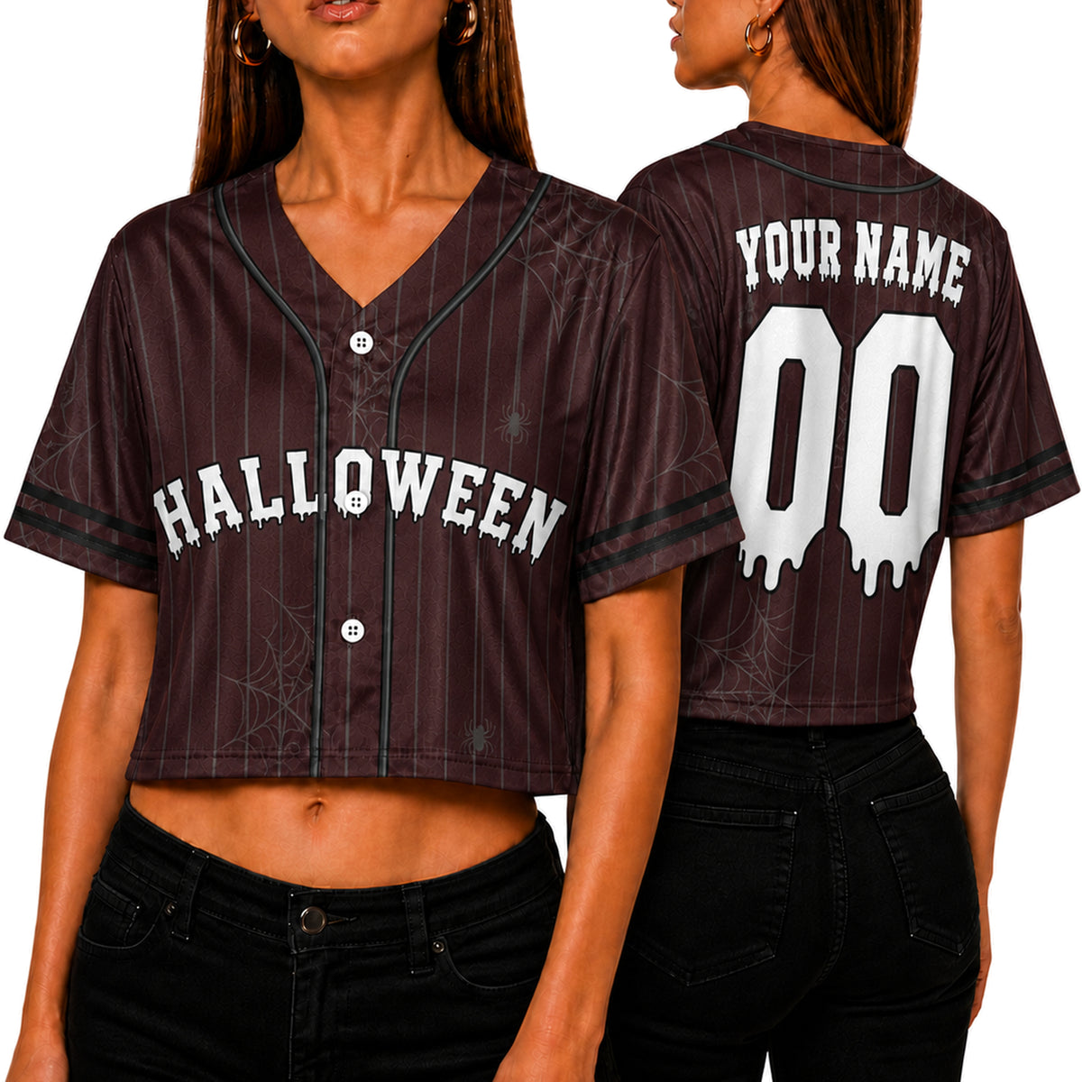 Custom Halloween Women's Crop Baseball Jersey Spider Pinstripe - Design Your Own