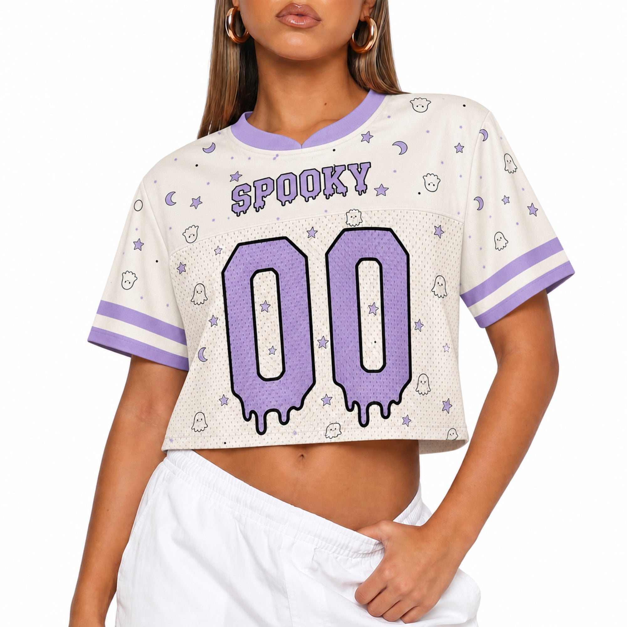 Custom Halloween Women's Crop Football Jersey Lavender Ghost - Design Your Own