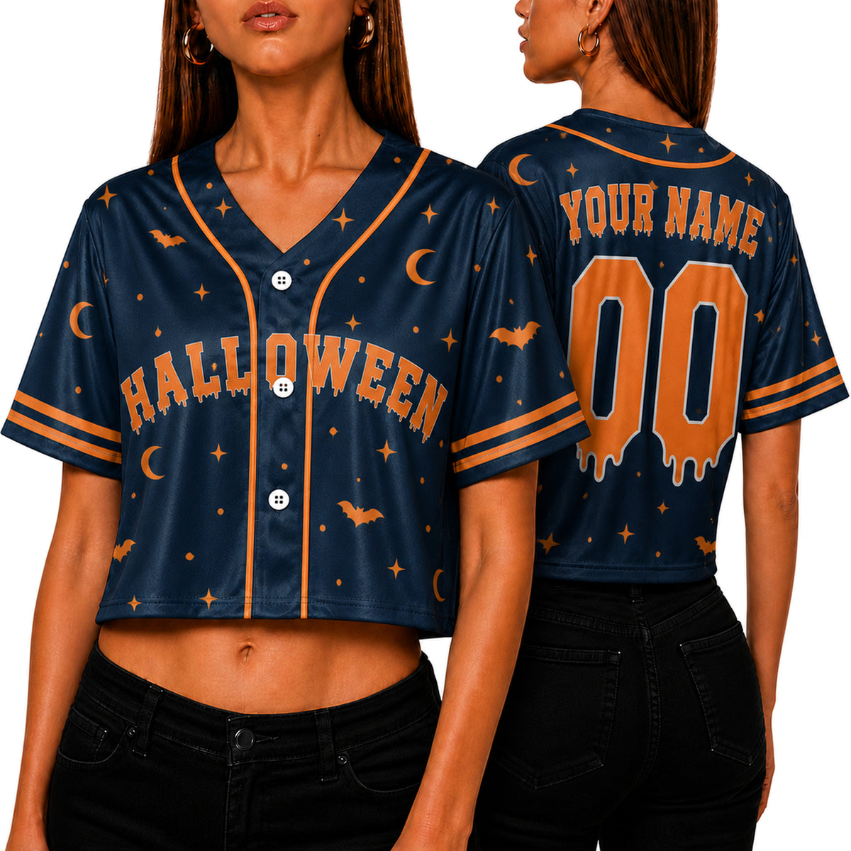 Custom Halloween Women's Crop Baseball Jersey Midnight Bats - Design Your Own