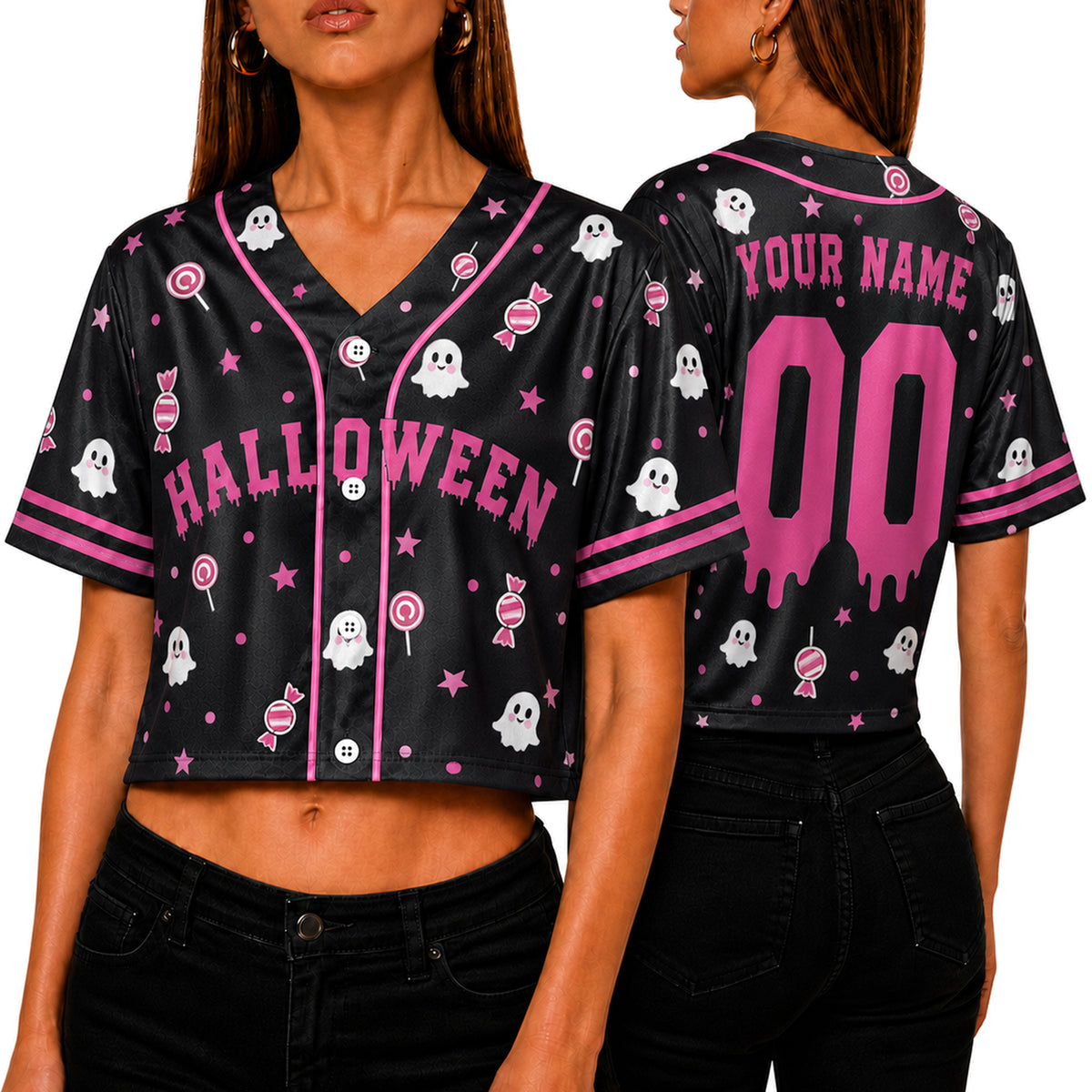 Custom Halloween Women's Crop Baseball Jersey Pink Boo - Design Your Own