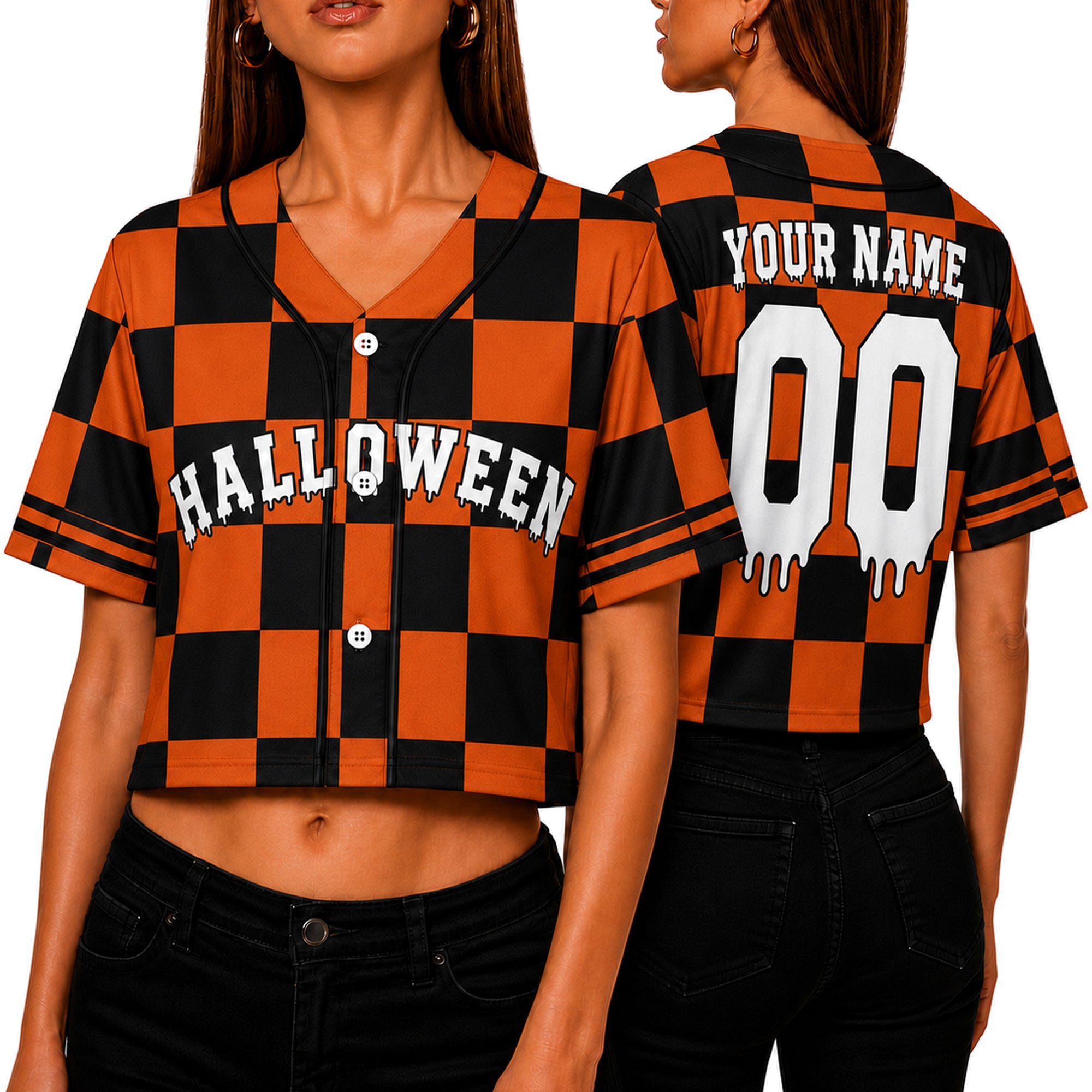 Custom Halloween Women's Crop Baseball Jersey Pumpkin Checkers - Design Your Own