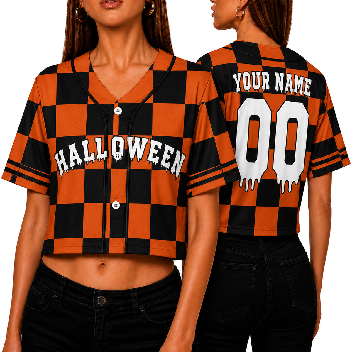 Custom Halloween Women's Crop Baseball Jersey Pumpkin Checkers - Design Your Own