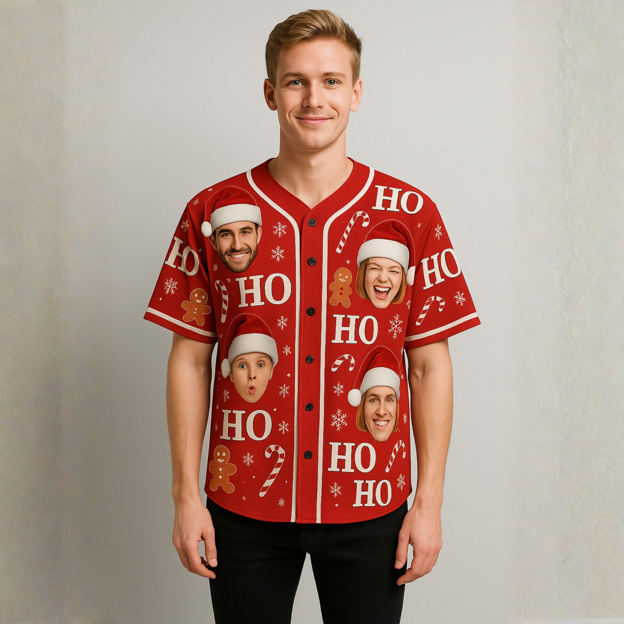 Custom Ugly Christmas Baseball Jersey Red with Santa Hat Face  - Design Your Own