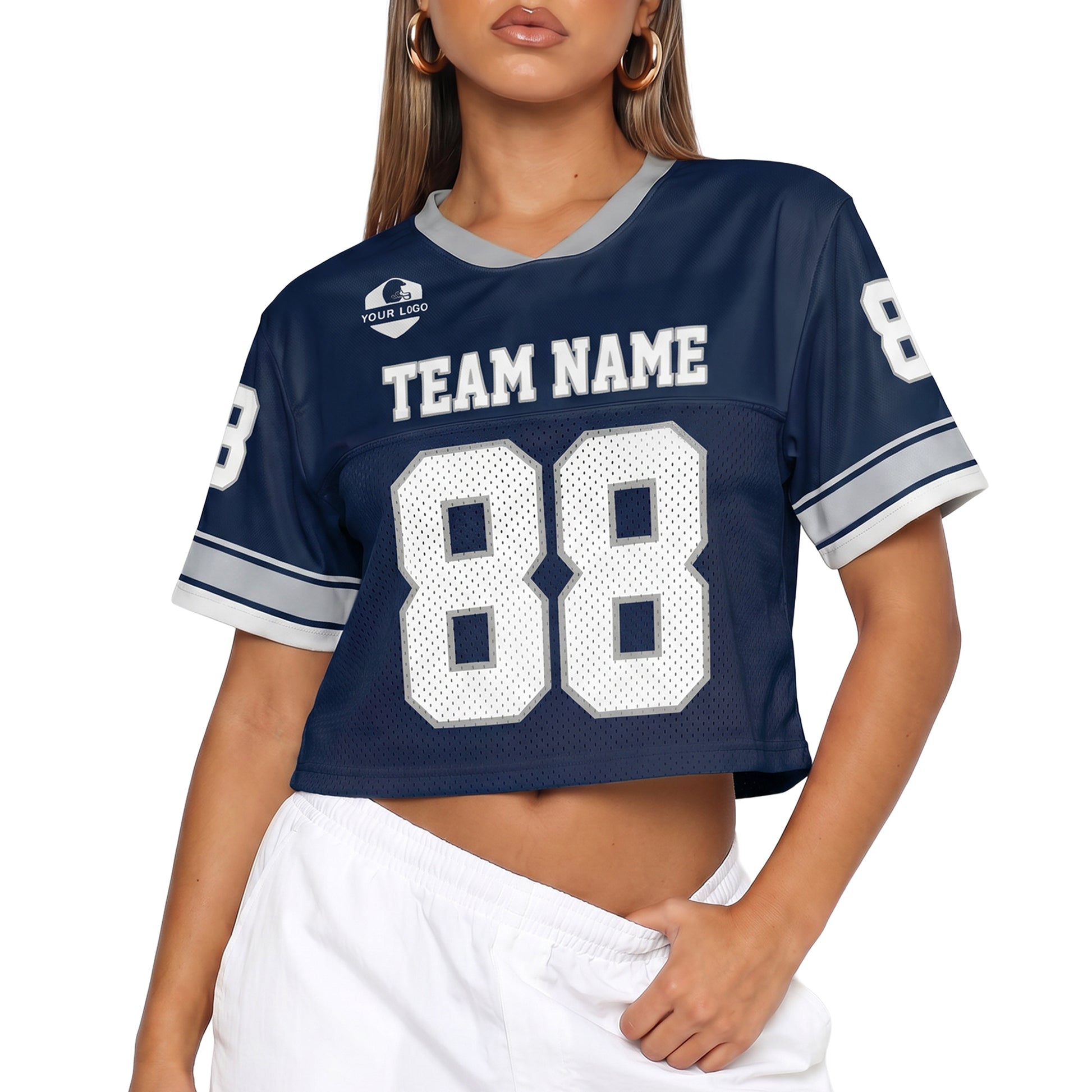 Custom Women's Crop Football Jersey Navy and Gray - Design Your Own
