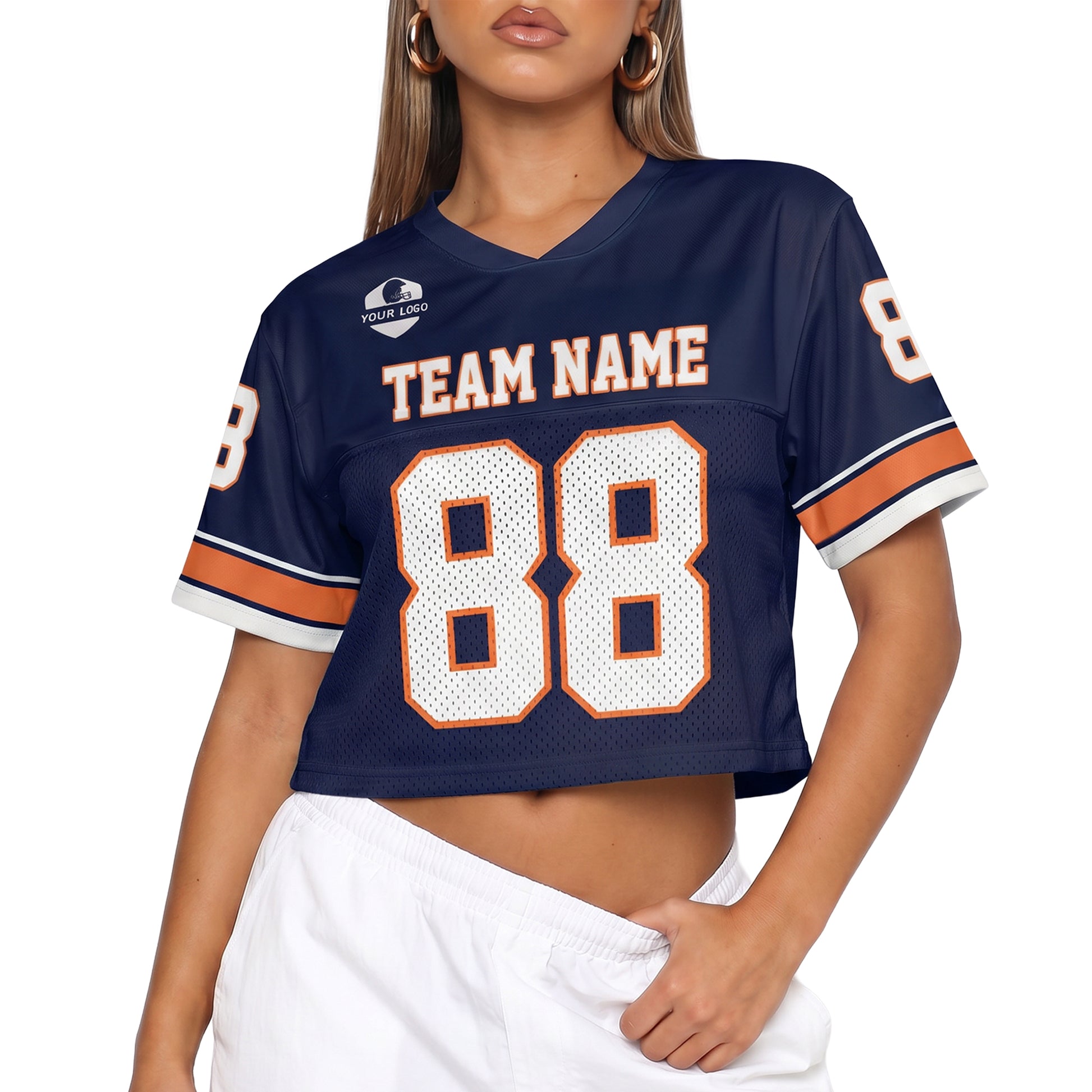 Custom Women's Crop Football Jersey Navy and Orange - Design Your Own