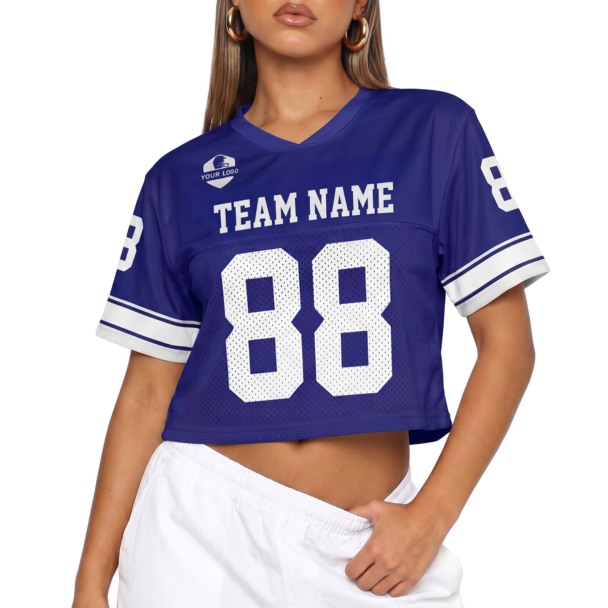Custom Women's Crop Football Jersey Royal and White - Design Your Own