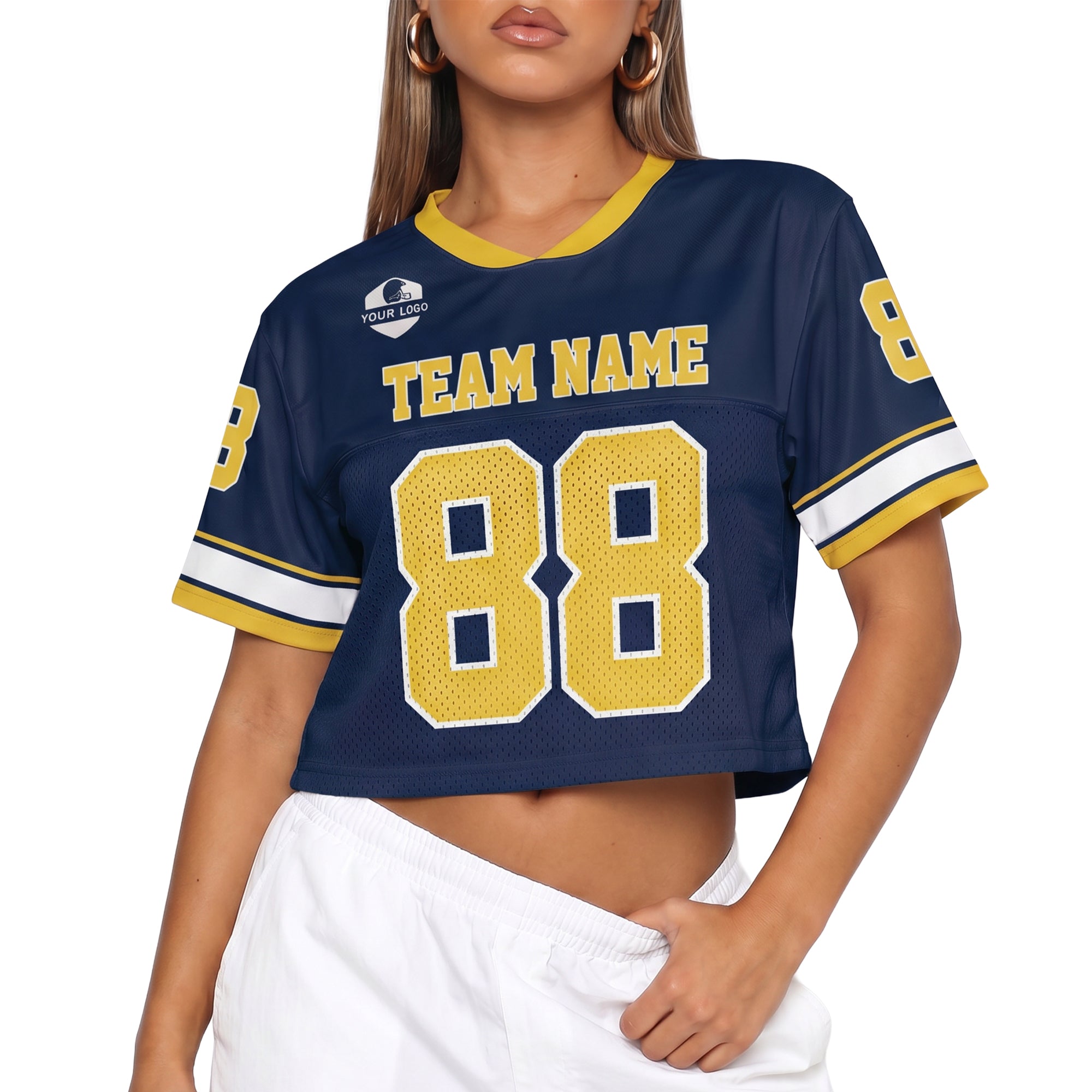 Custom Women's Crop Football Jersey Navy and Yellow - Design Your Own