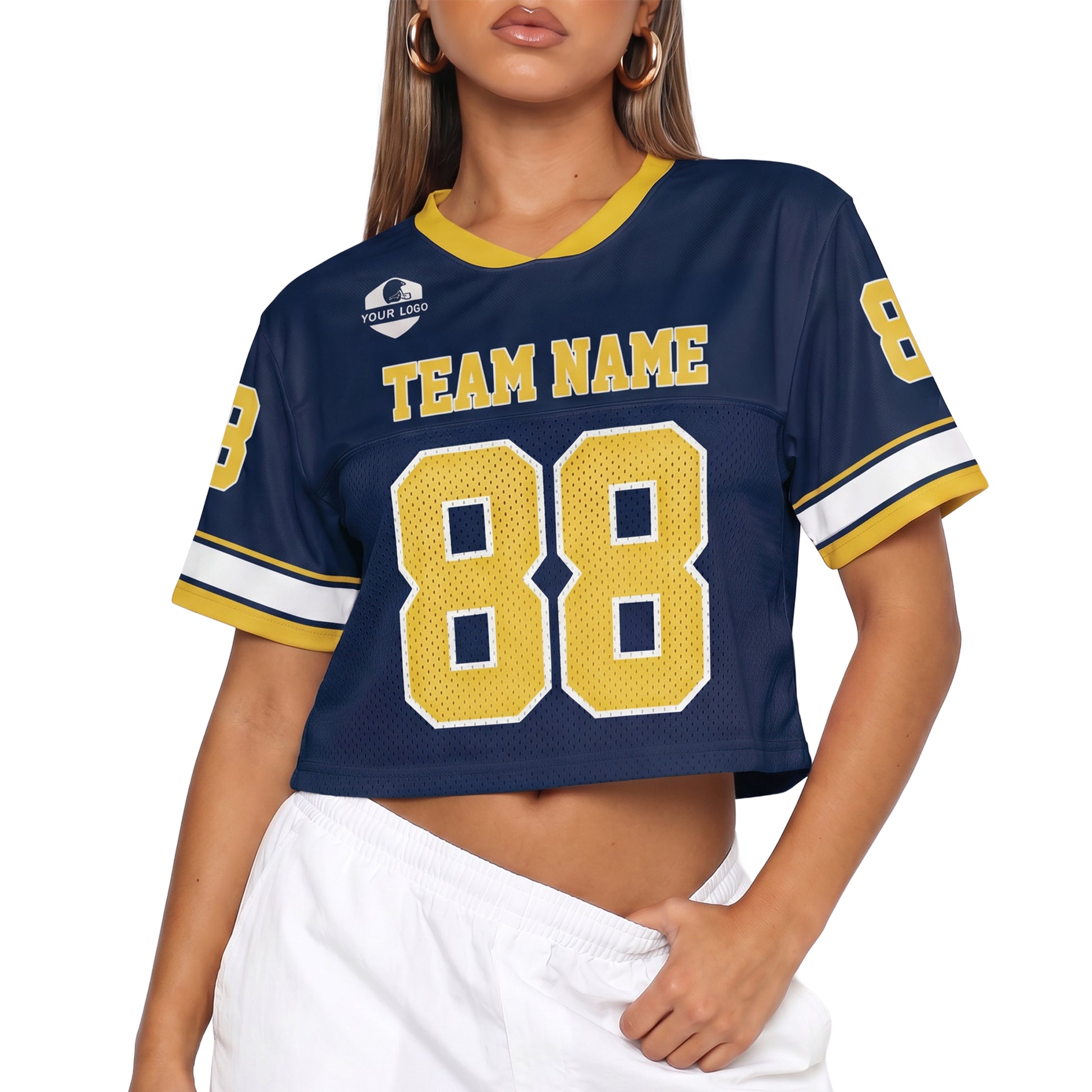 Custom Women's Crop Football Jersey Navy and Yellow - Design Your Own