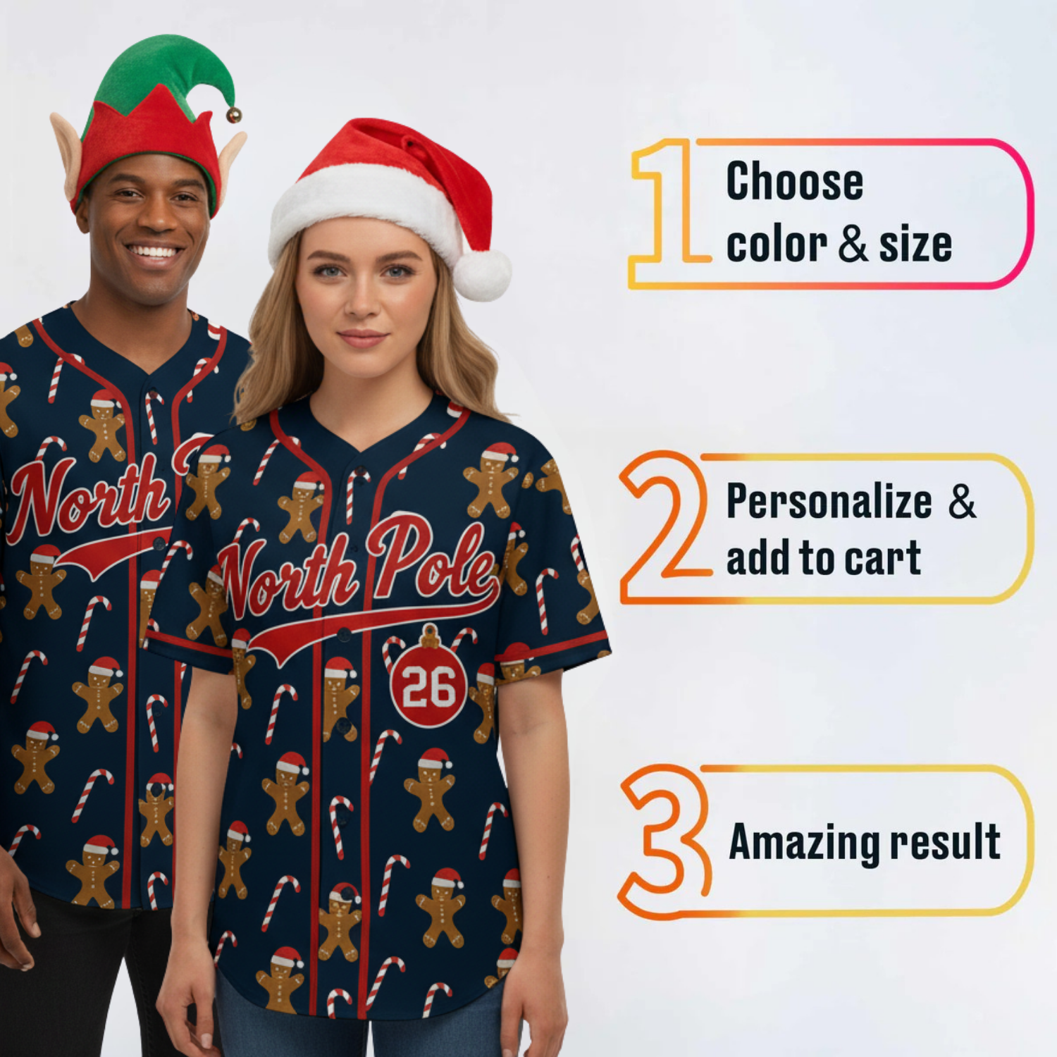 Custom Christmas Baseball Jersey Gingerbread Man Navy with Red Piping - Design Your Own