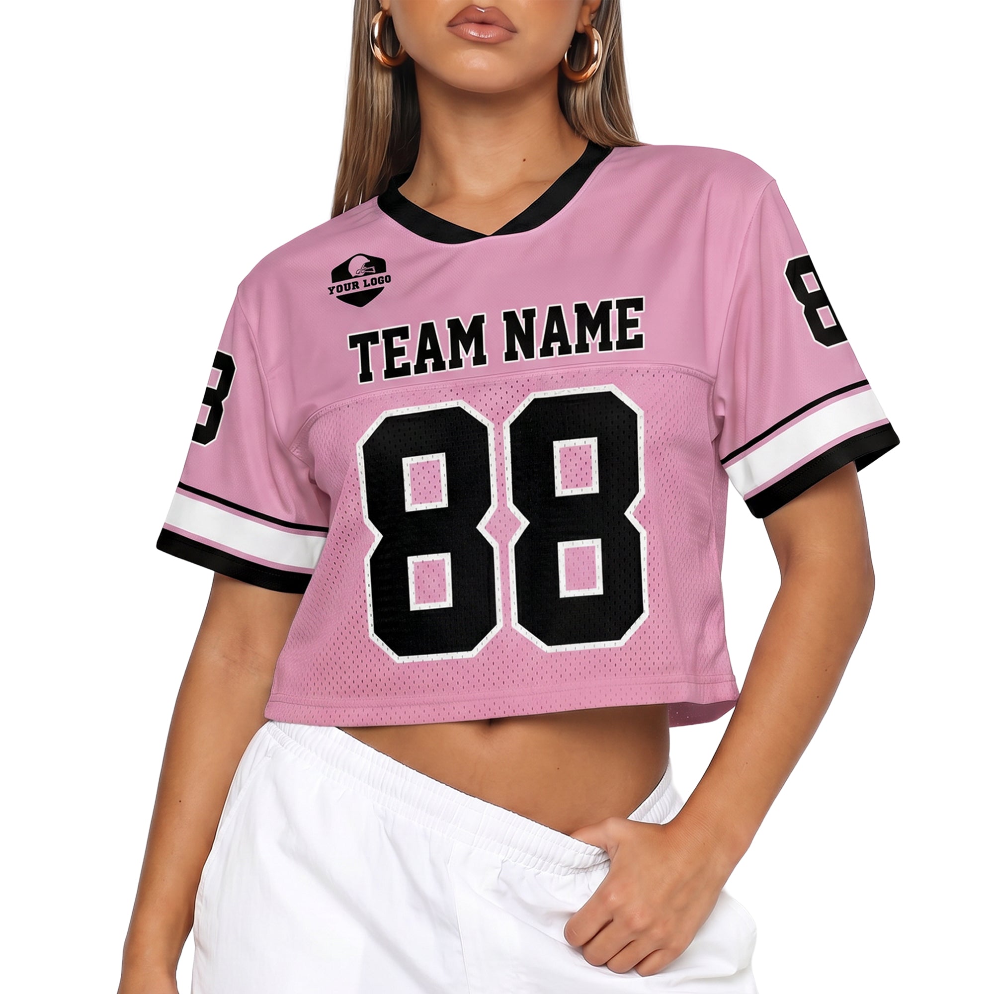 Custom Women's Crop Football Jersey Pink and Black - Design Your Own