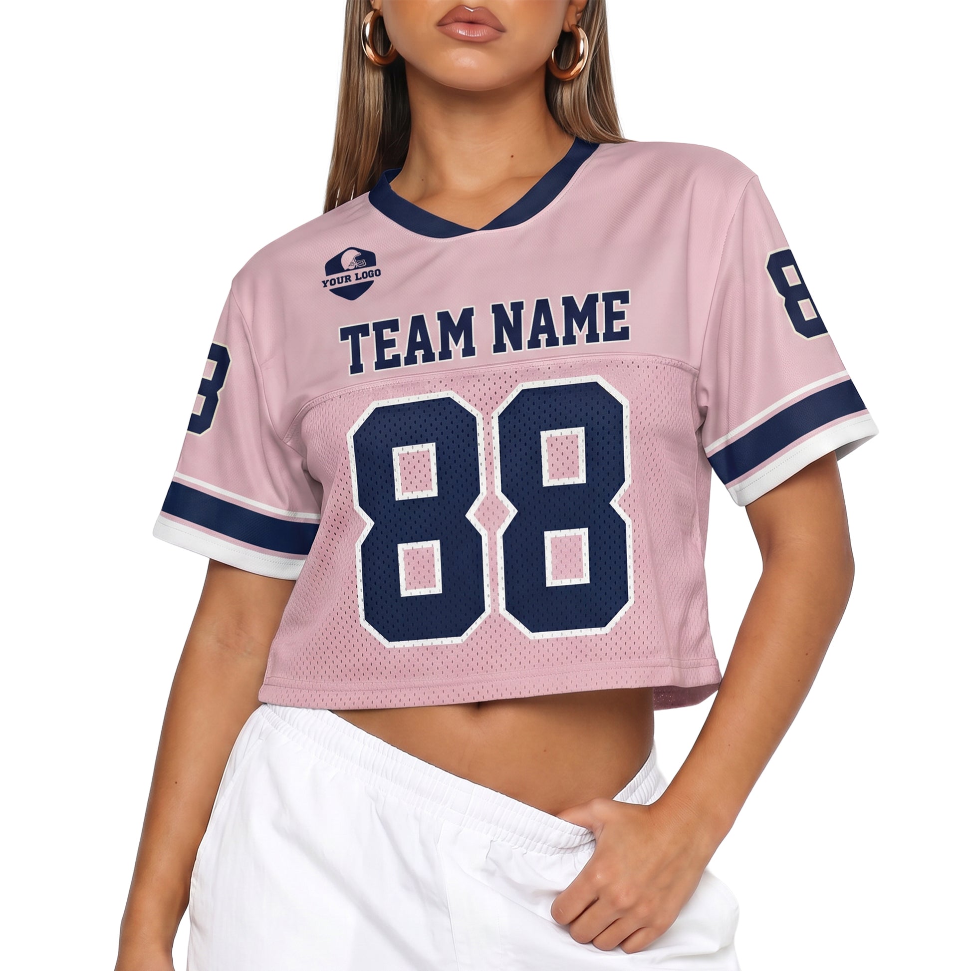 Custom Women's Crop Football Jersey Pink and Navy - Design Your Own