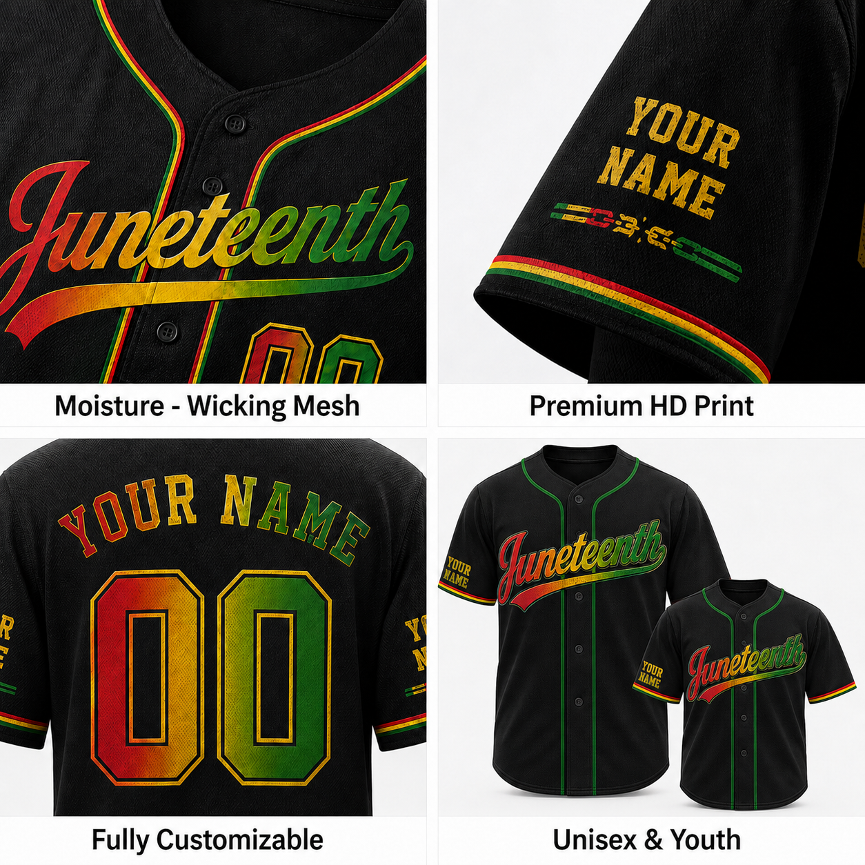 Custom Juneteenth Baseball Jersey Black Flag Design - Add Your Name and Number