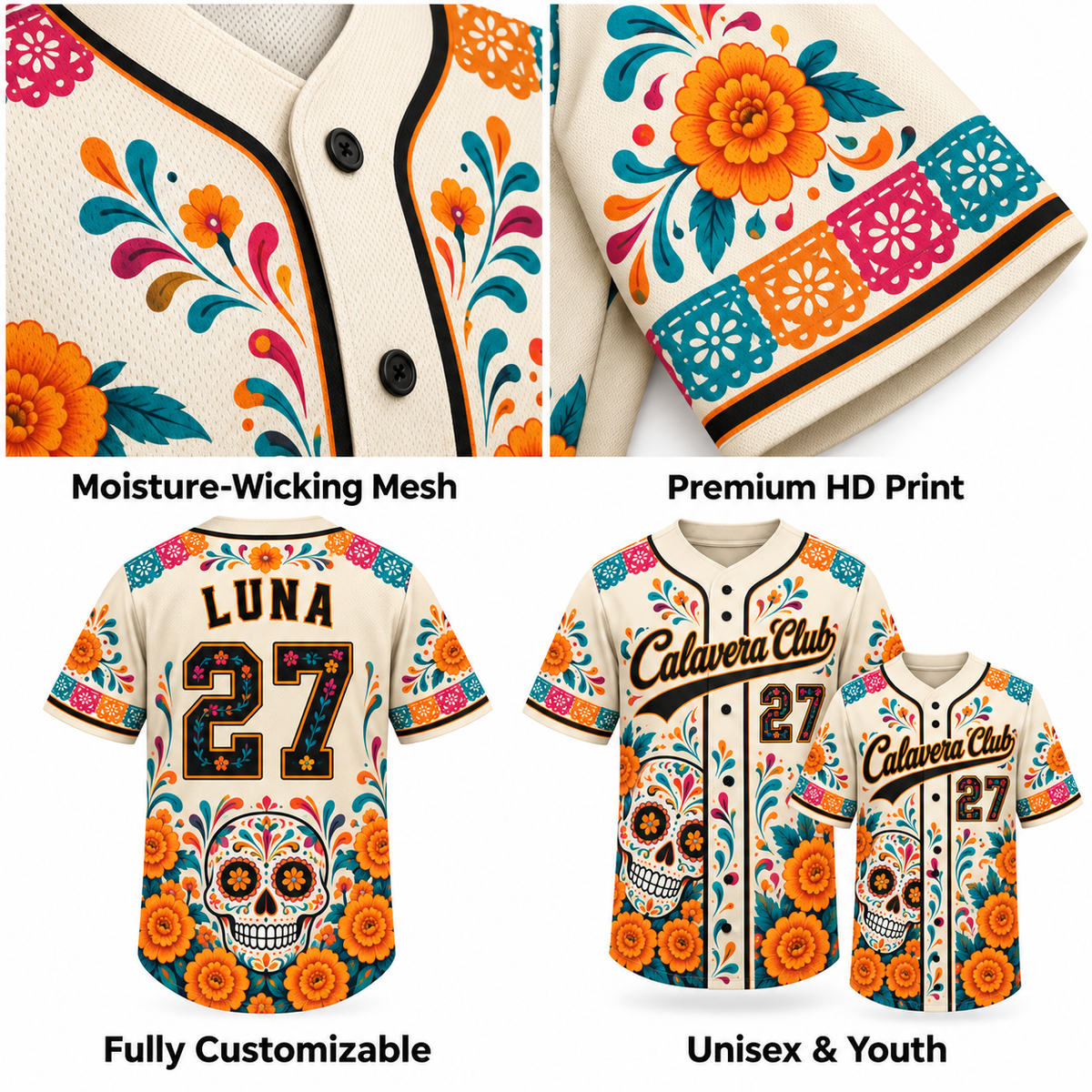 Personalized Día de los Muertos Baseball Jersey – Custom Name & Number Floral Sugar Skull Jersey