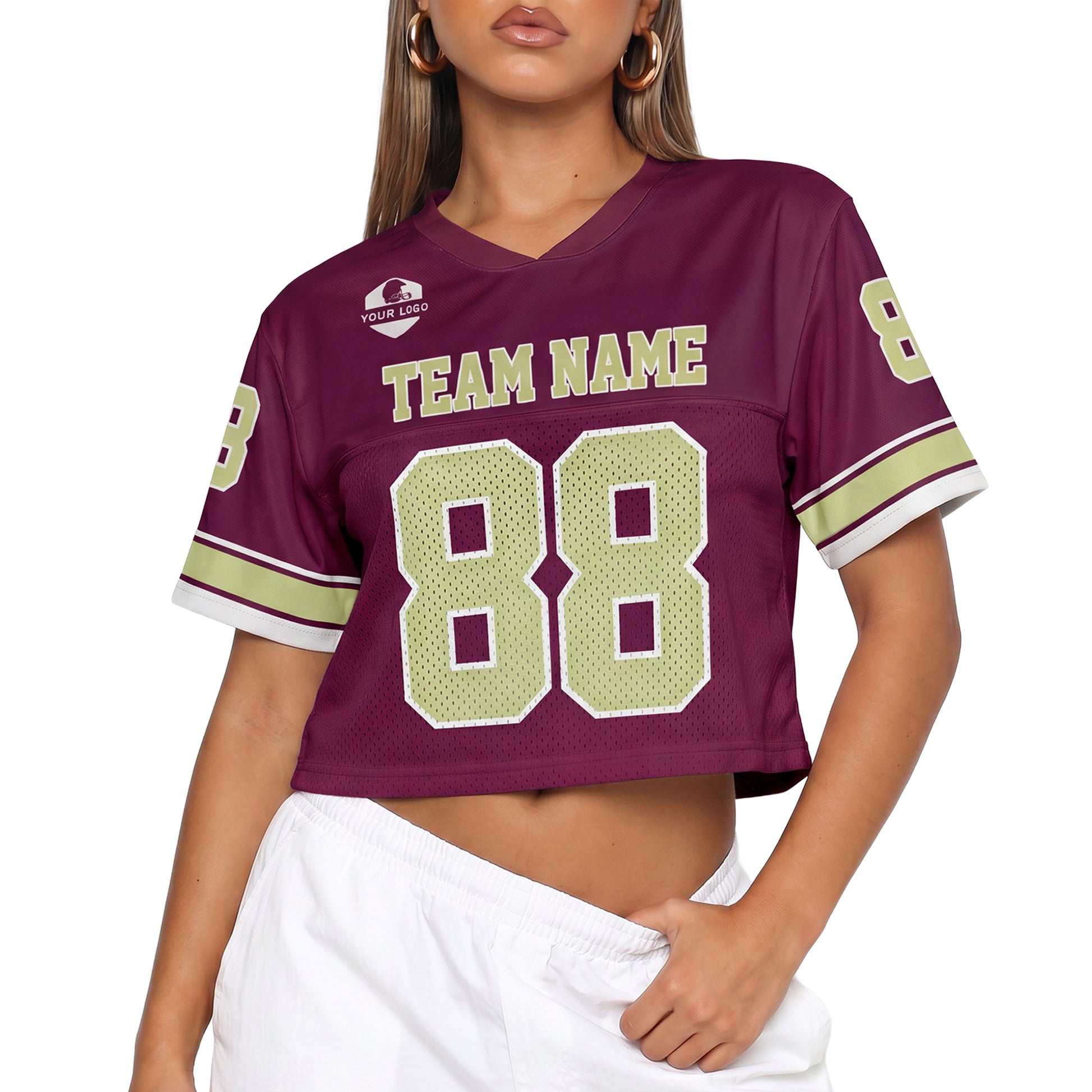 Custom Women's Crop Football Jersey Plum and Lime - Design Your Own
