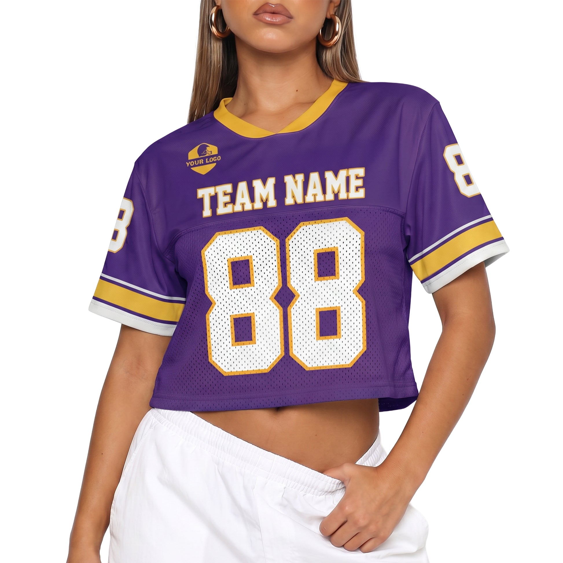 Custom Women's Crop Football Jersey Purple and Yellow - Design Your Own