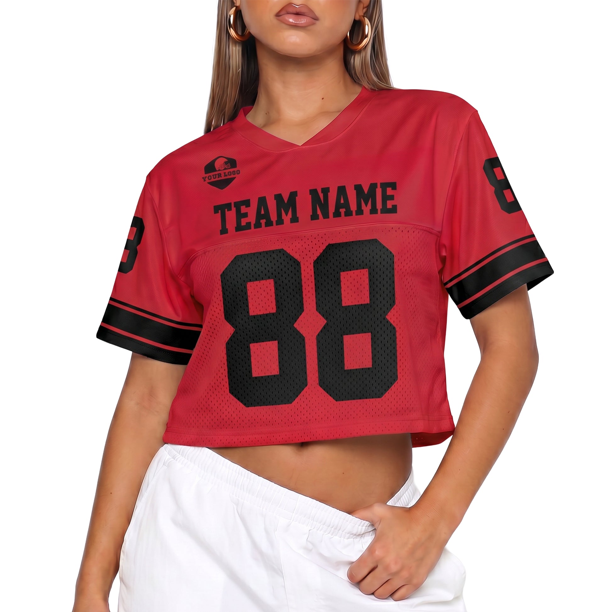 Custom Women's Crop Football Jersey Red and Black - Design Your Own
