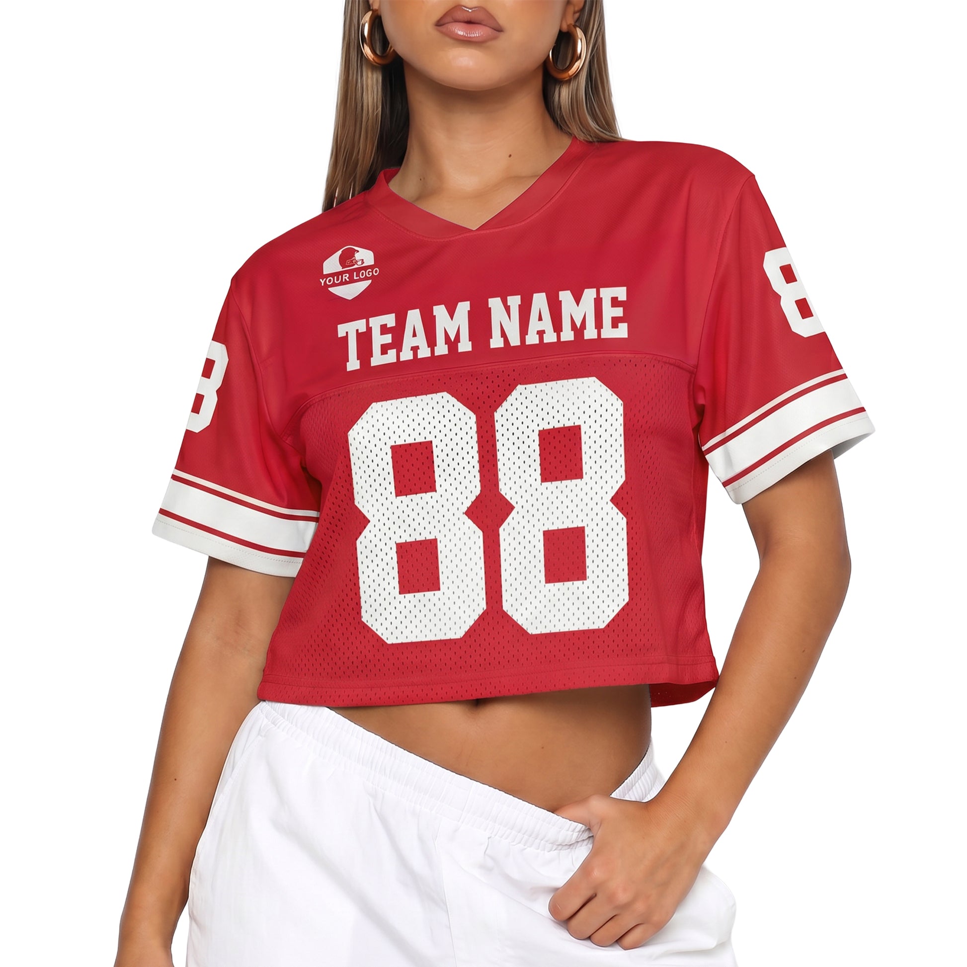 Custom Women's Crop Football Jersey Red and White - Design Your Own