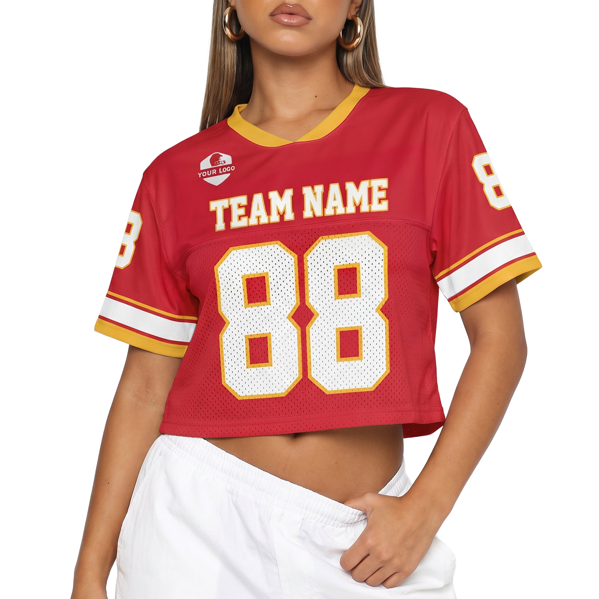 Custom Women's Crop Football Jersey Red and Yellow - Design Your Own