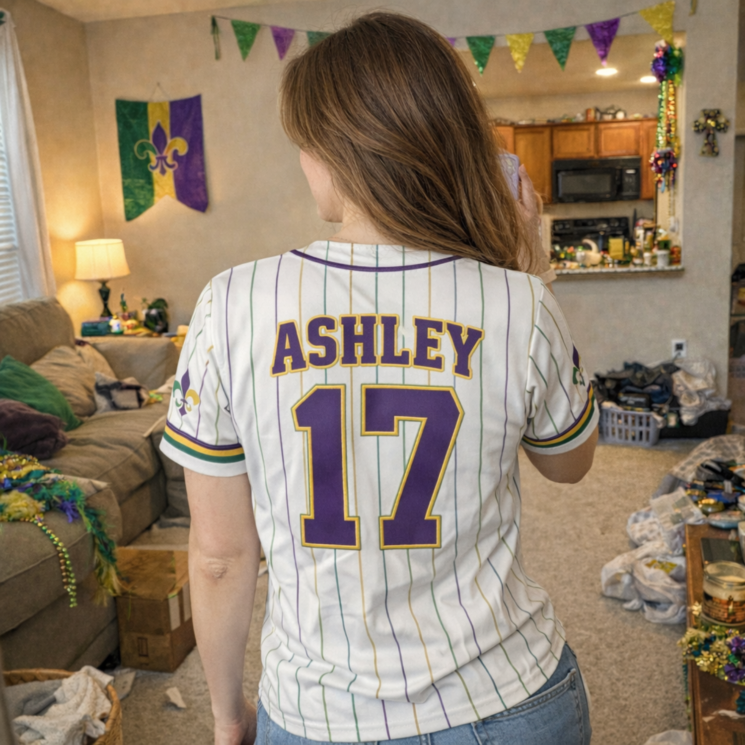 Custom Mardi Gras Pinstripe Baseball Jersey – Personalized Carnival Outfit – Add Your Name & Number