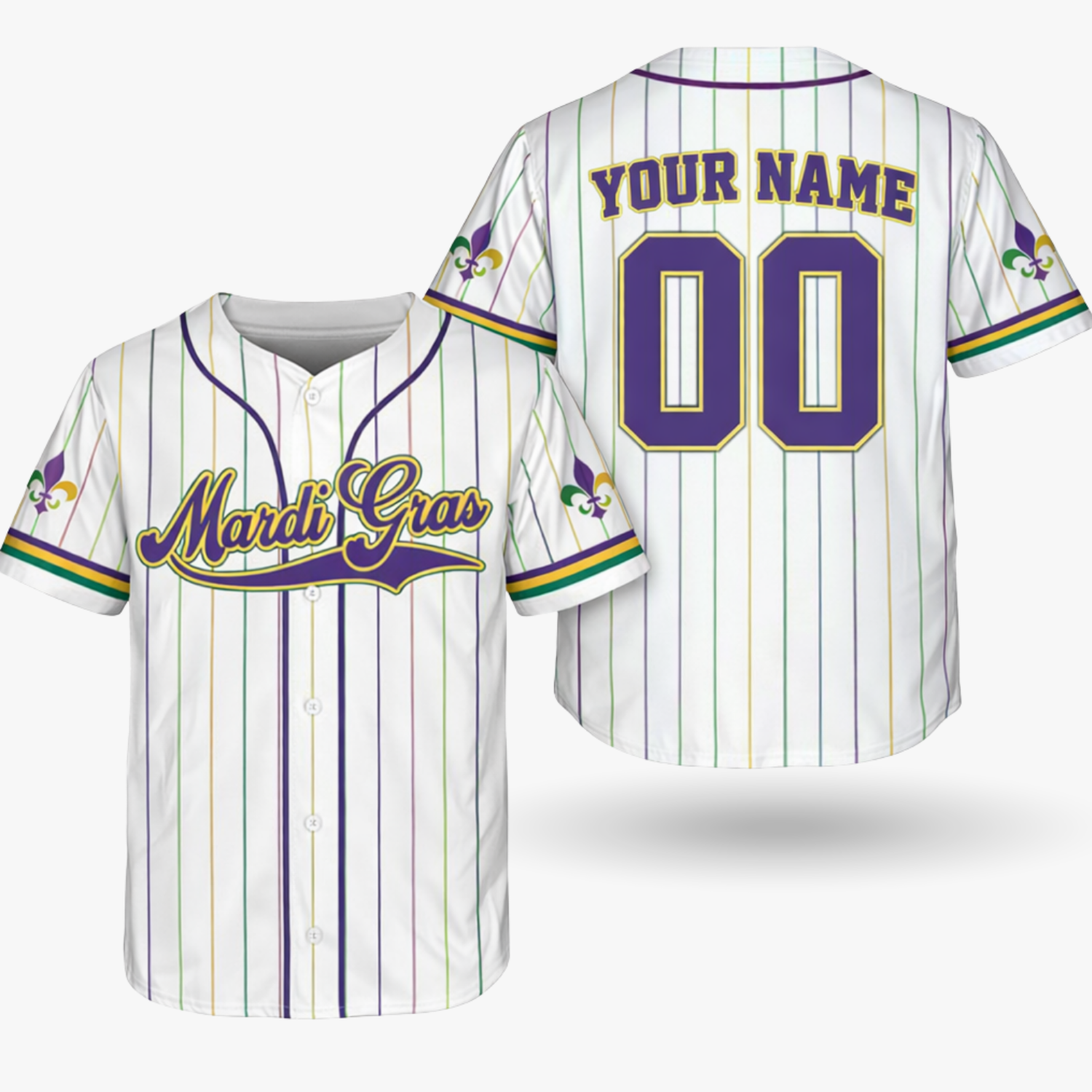 Custom Mardi Gras Pinstripe Baseball Jersey – Personalized Carnival Outfit – Add Your Name & Number