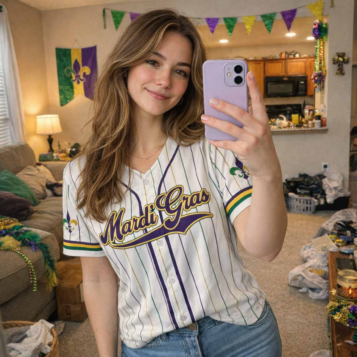 Custom Mardi Gras Pinstripe Baseball Jersey – Personalized Carnival Outfit – Add Your Name & Number