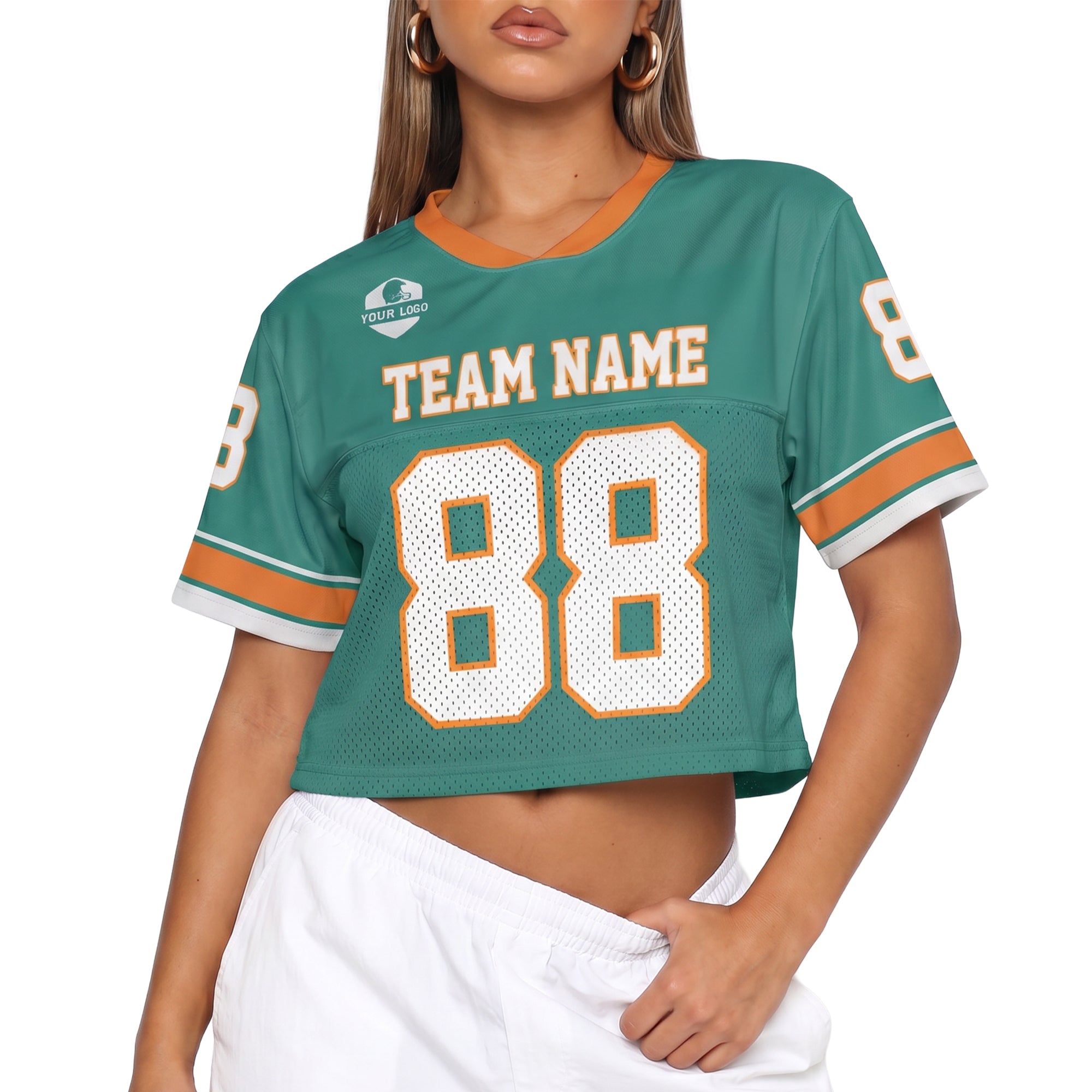Custom Women's Crop Football Jersey Aqua and Orange - Design Your Own