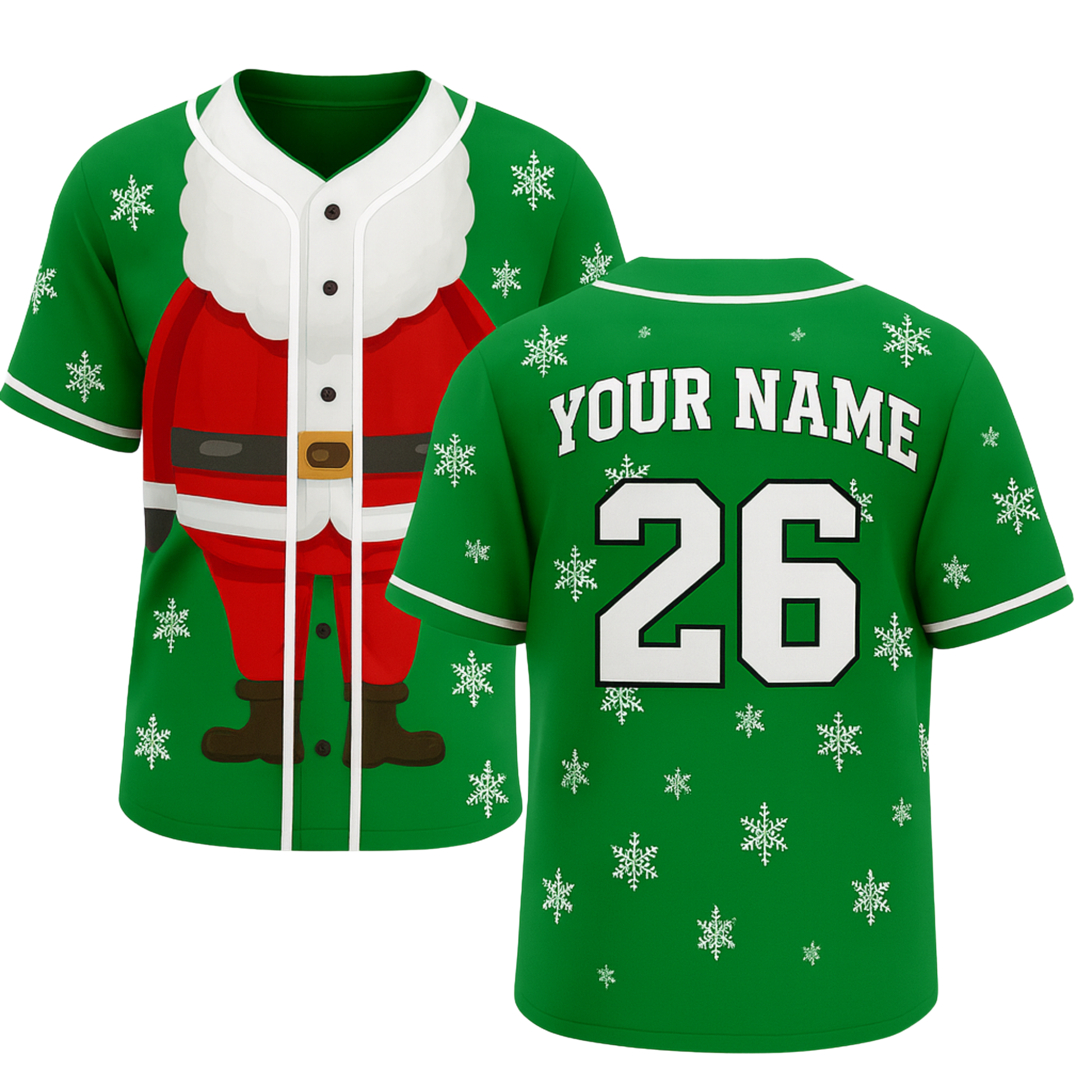 Custom Ugly Christmas Baseball Jersey Green and White with Santa  - Design Your Own