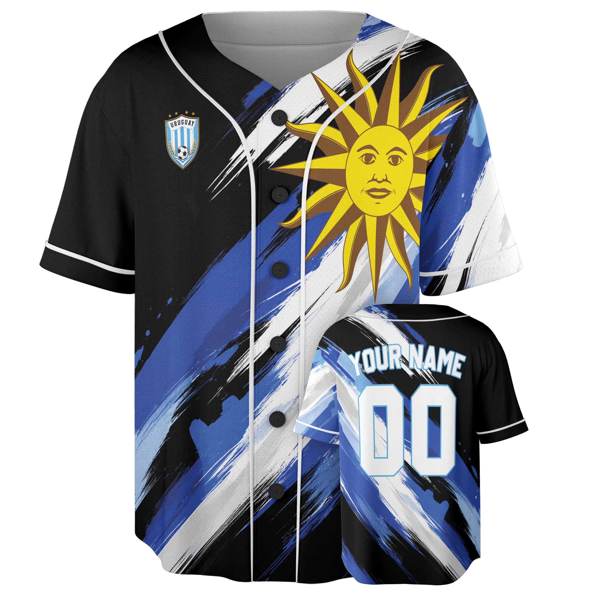 Custom Uruguay Baseball Jersey Uruguayan Fan Brush Stroke Sun – Personalized Name Number
