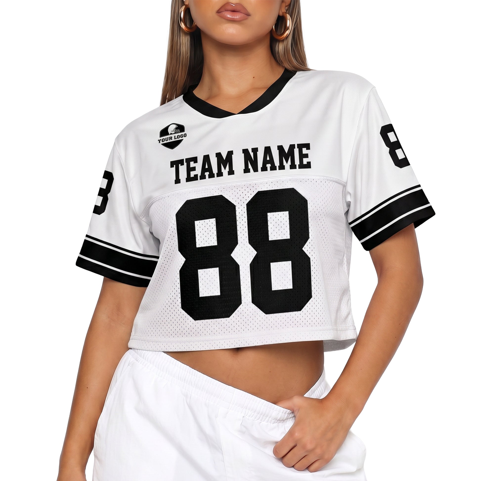 Custom Women's Crop Football Jersey White and Black - Design Your Own