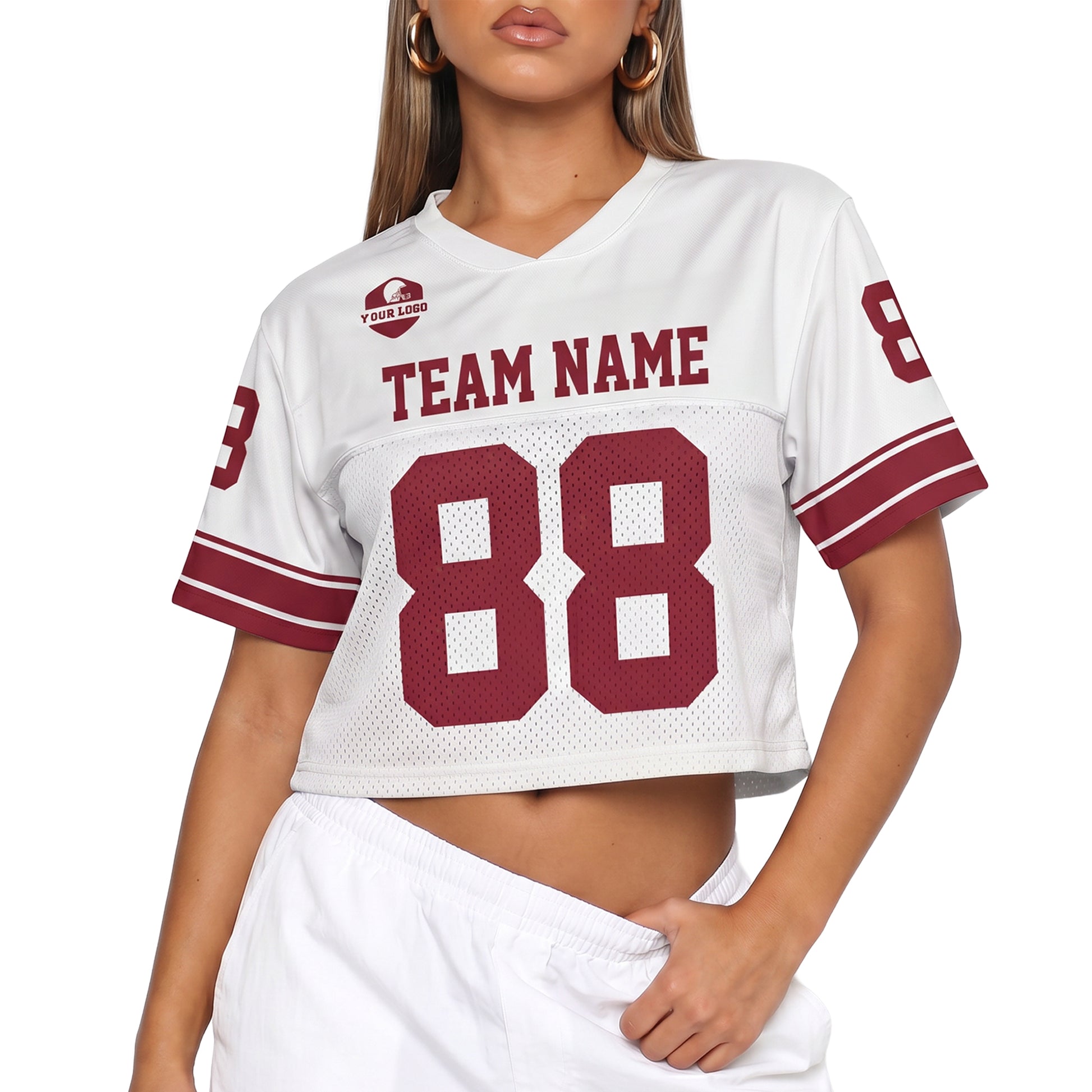 Custom Women's Crop Football Jersey White and Burgundy - Design Your Own