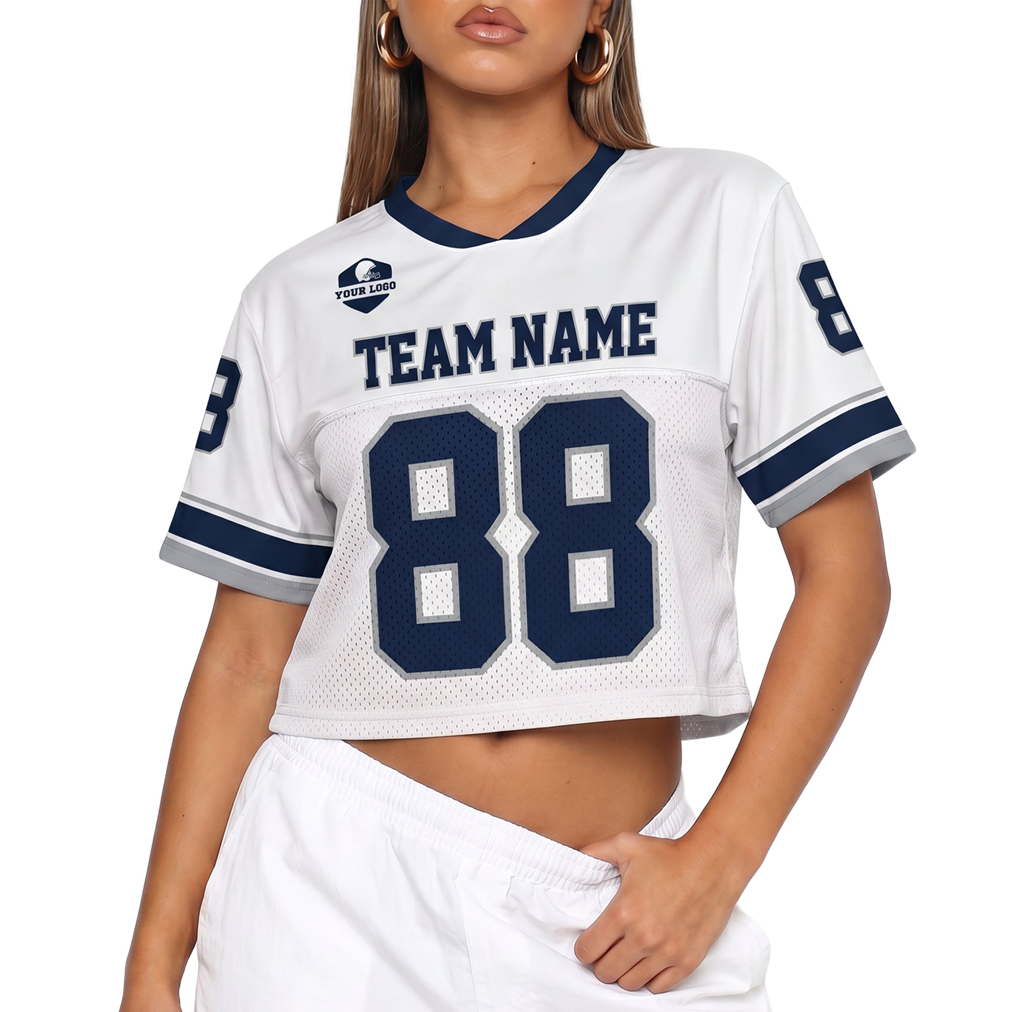 Custom Women's Crop Football Jersey White and Navy - Design Your Own