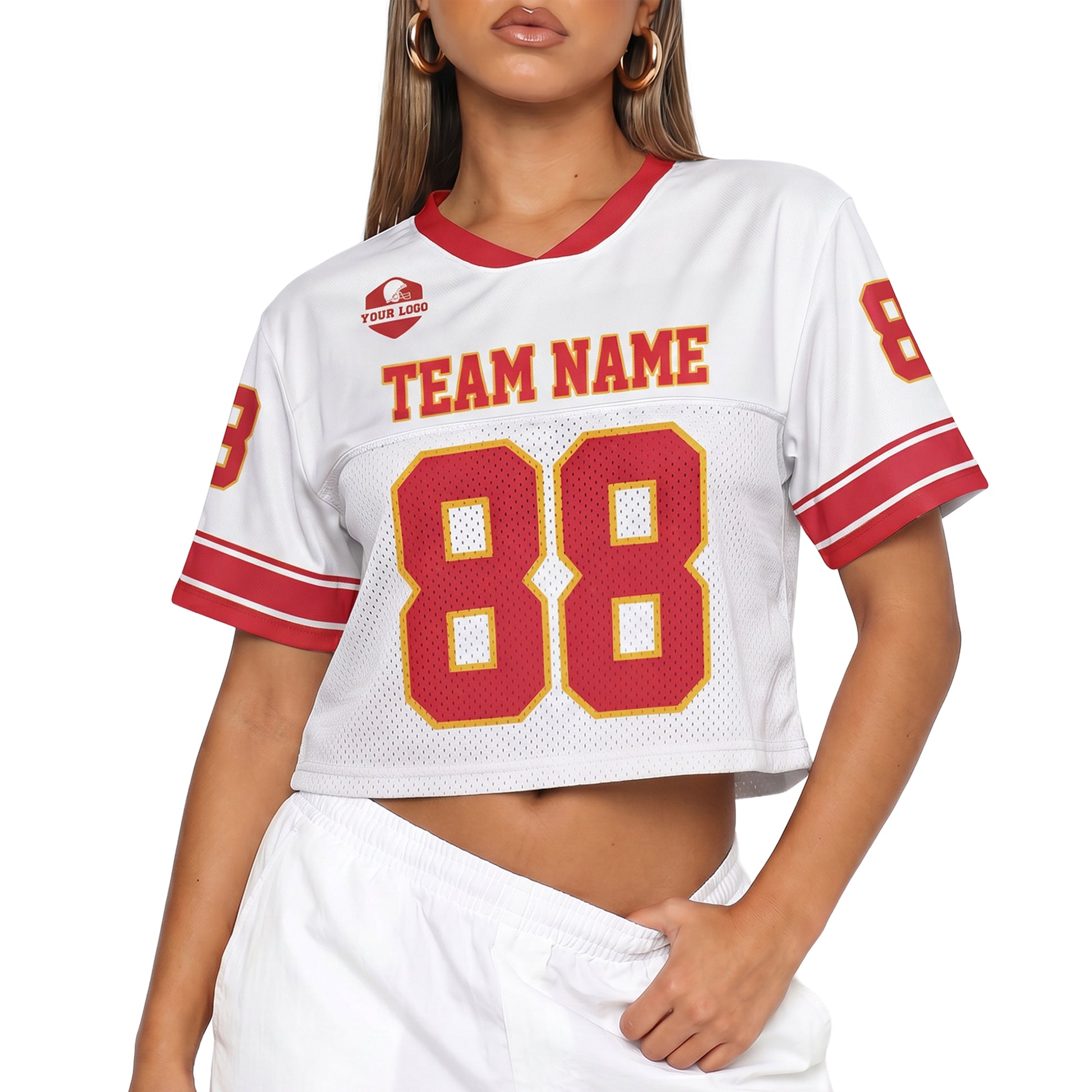 Custom Women's Crop Football Jersey White and Red - Design Your Own