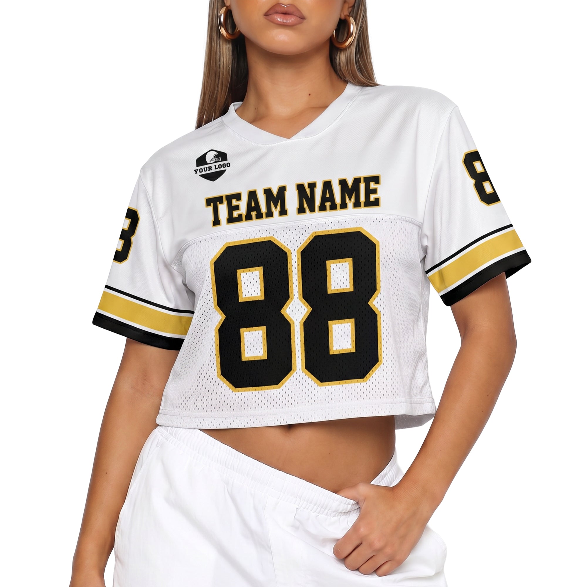 Custom Women's Crop Football Jersey White and Yellow - Design Your Own