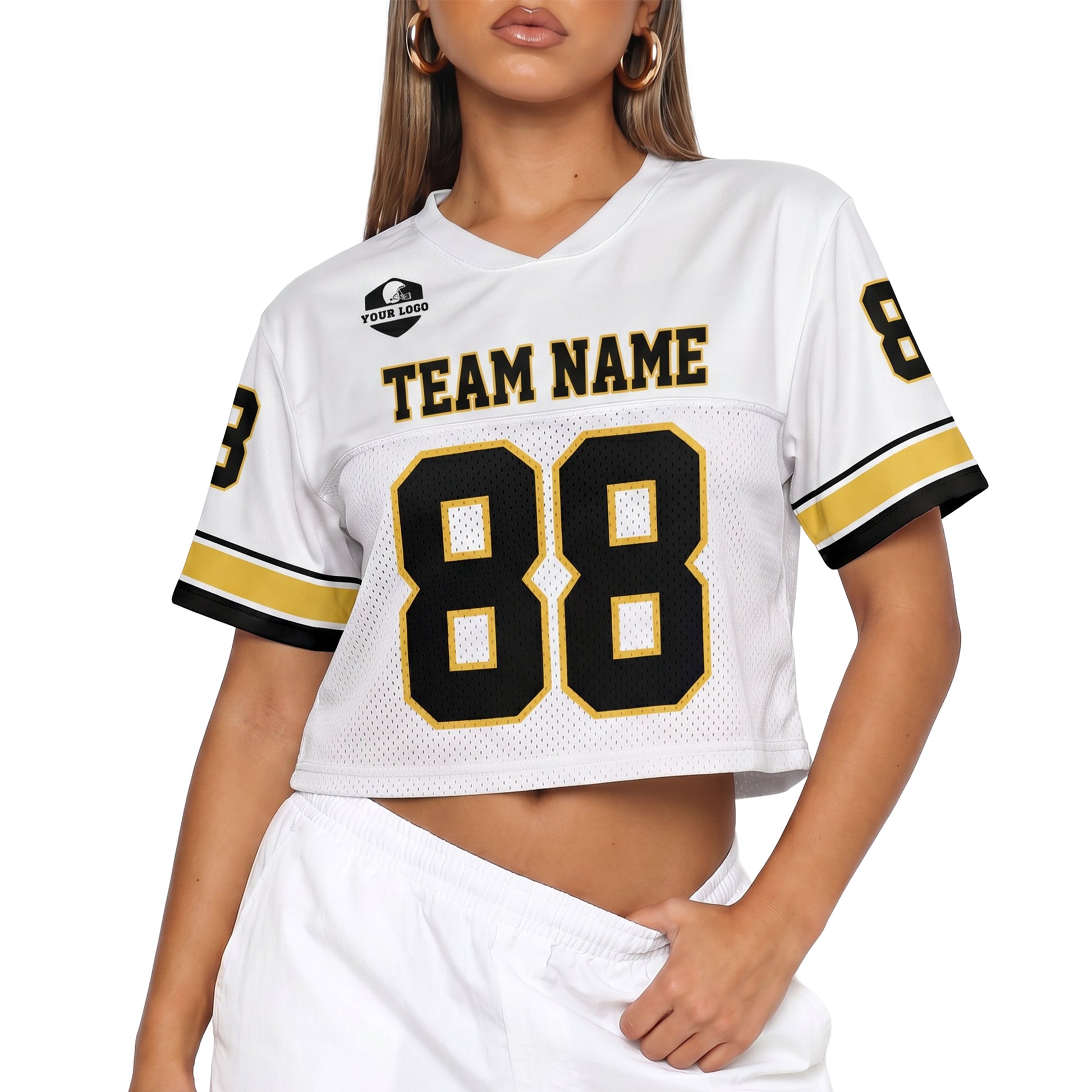 Custom Women's Crop Football Jersey White and Yellow - Design Your Own