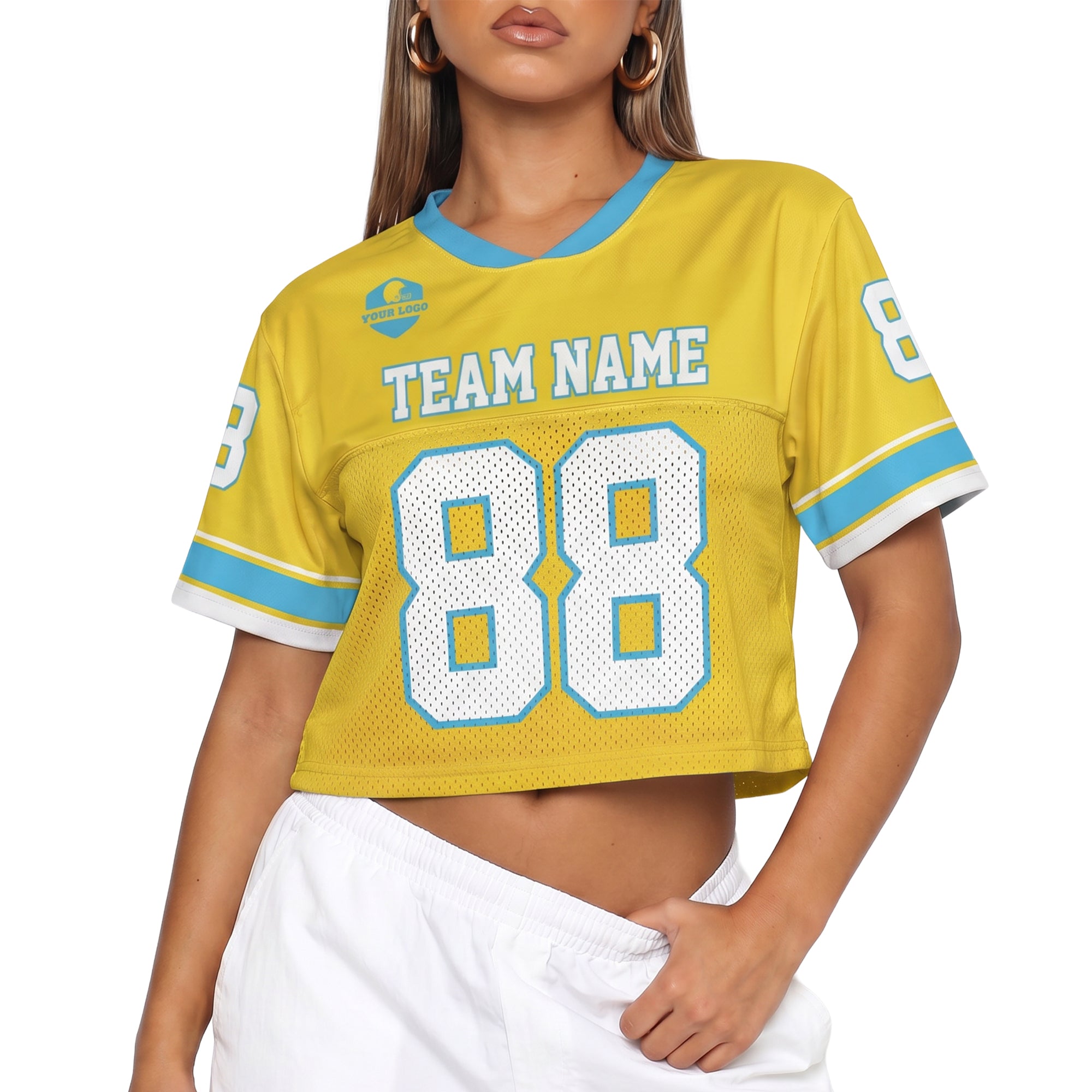 Custom Women's Crop Football Jersey Yellow and Blue - Design Your Own